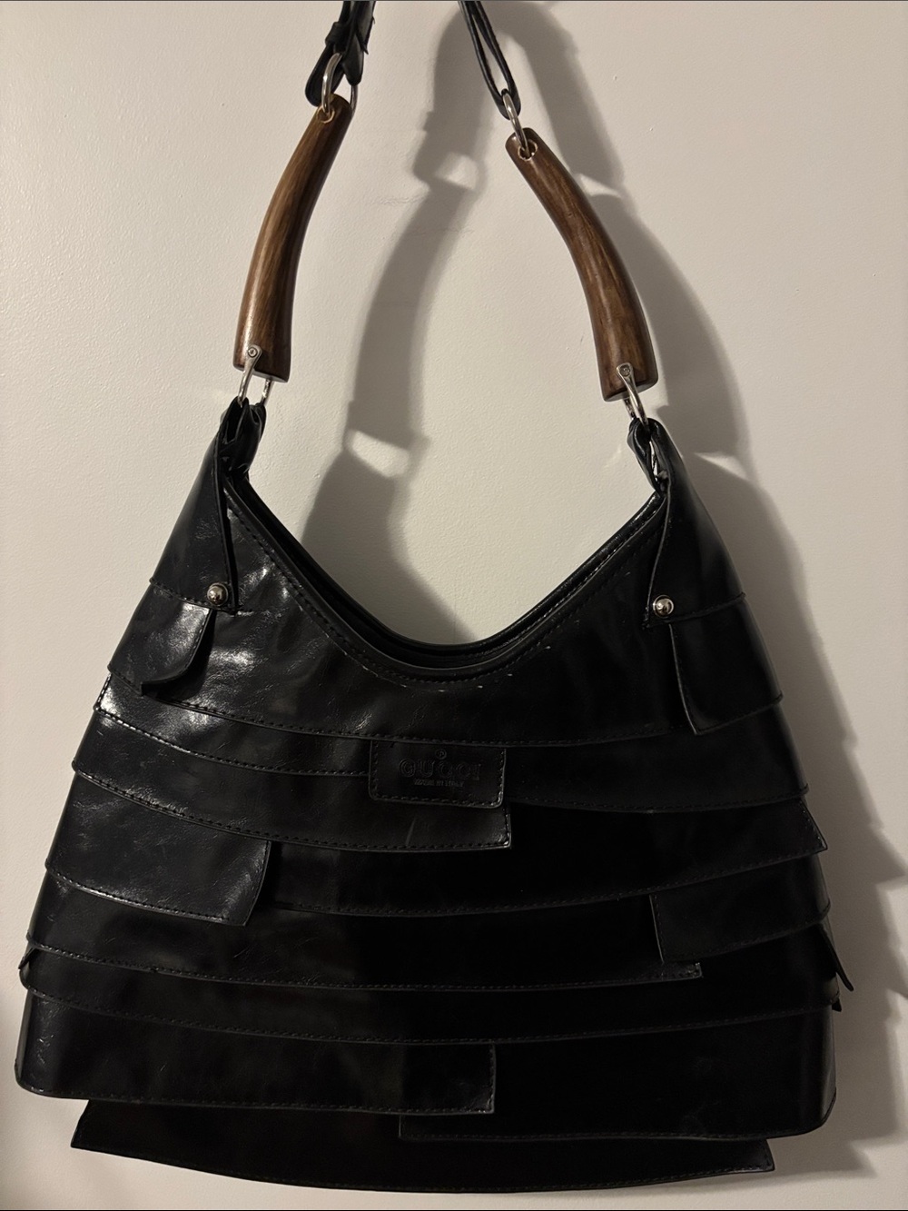 Black Shoulder Hobo Bag with Wood Accents
